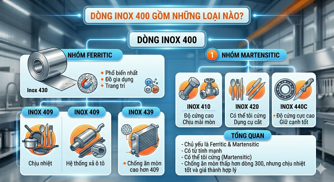 Dòng inox 400 gồm những loại nào? Phân loại và ứng dụng chi tiết