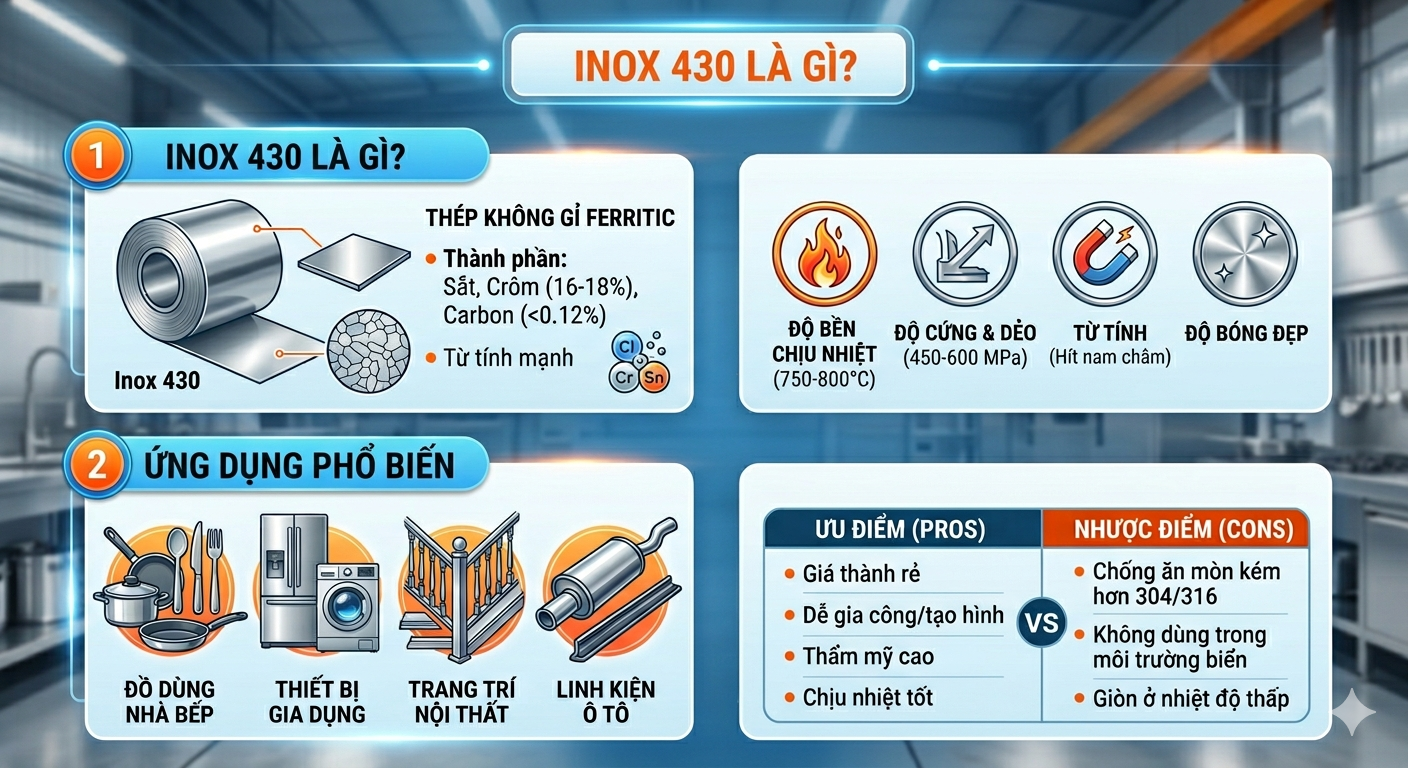Inox 430 là gì? Tìm hiểu đặc điểm, ứng dụng và ưu nhược điểm