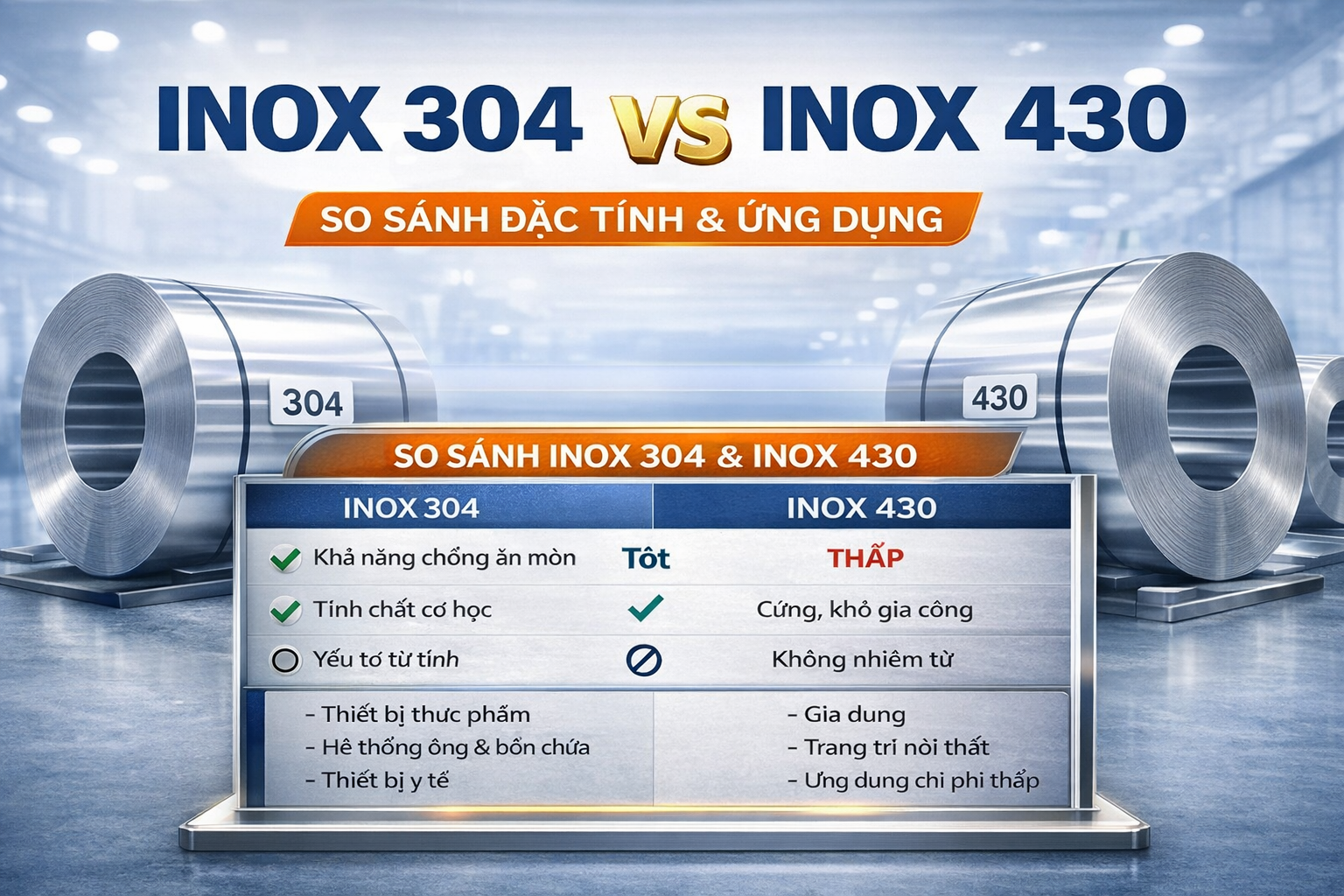 Inox 304 và Inox 430: So sánh đặc tính và ứng dụng
